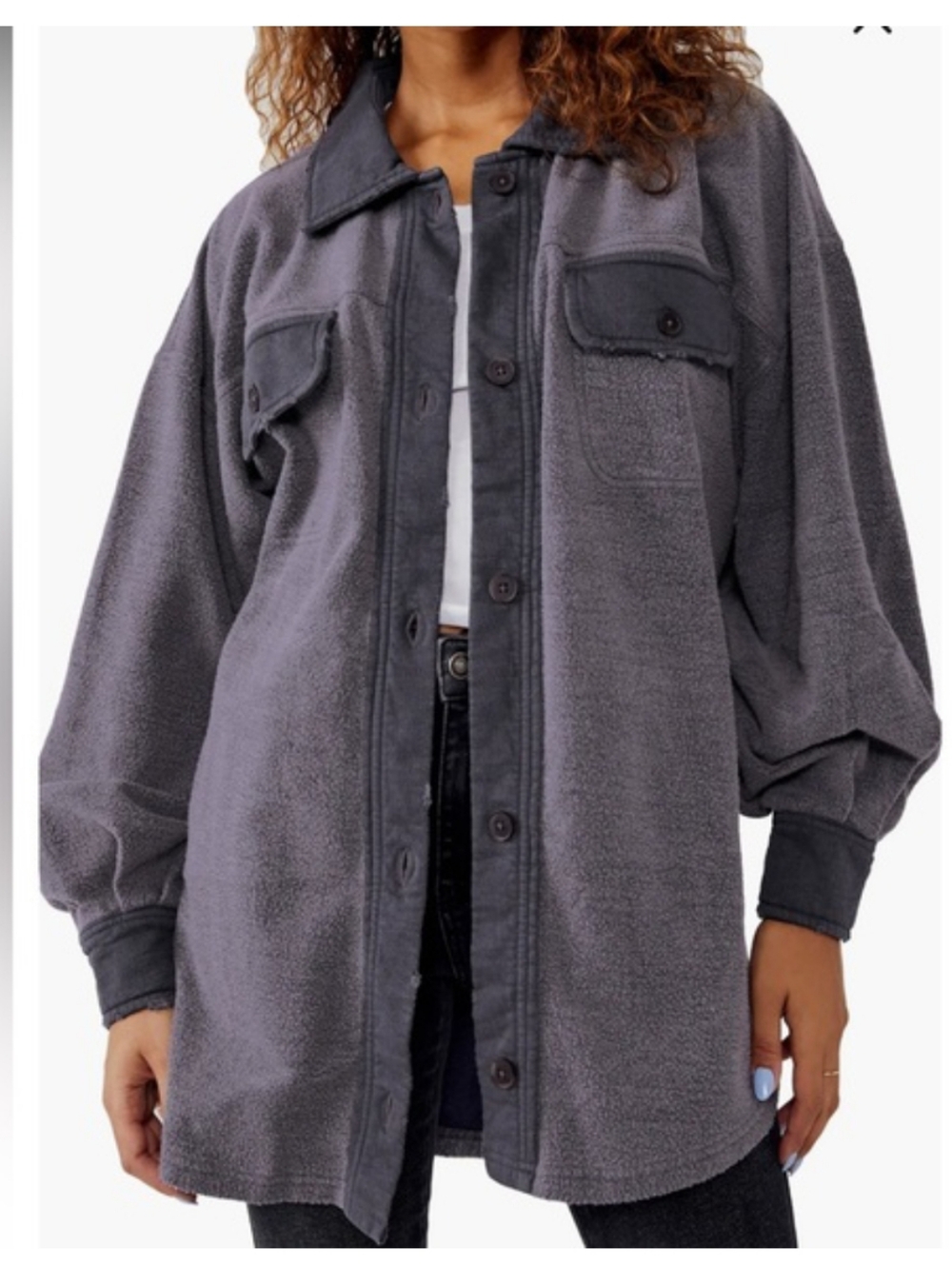 Free People~ Charcoal Grey Distressed Button-Front Shacket (XL) *Updated Photos